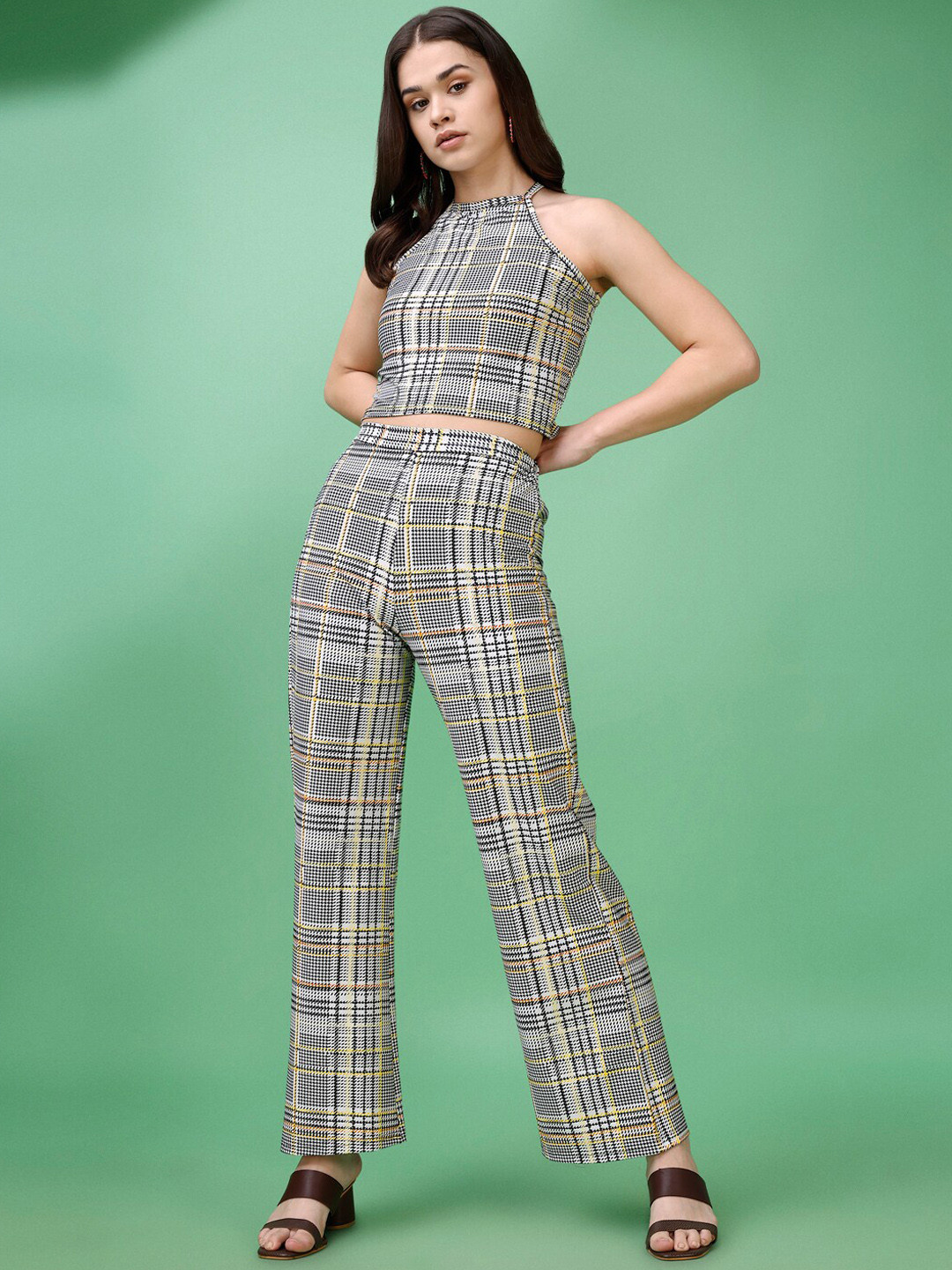 PURVAJA Checked Halter Neck Top With Trouser