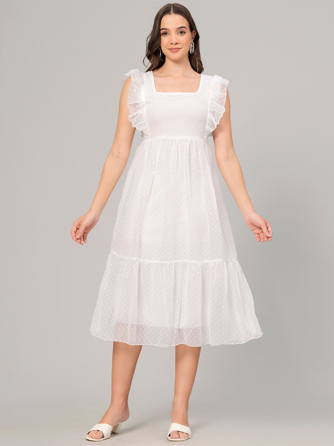 KALINI Self Design Square Neck Flutter Sleeve Georgette A-Line Midi Dress