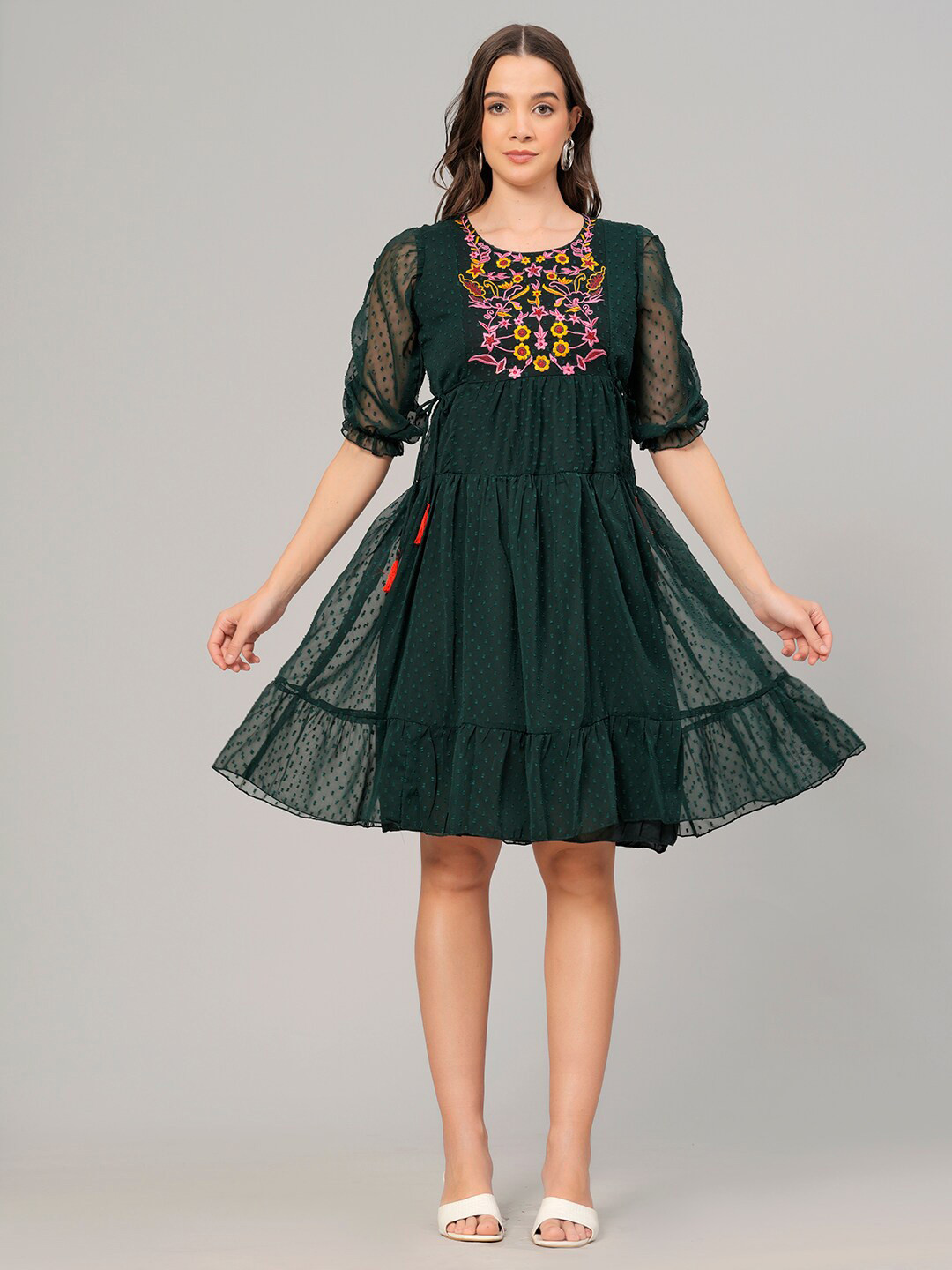 HIGHLIGHT FASHION EXPORT Self Design Embroidered Detailed A-Line Dress