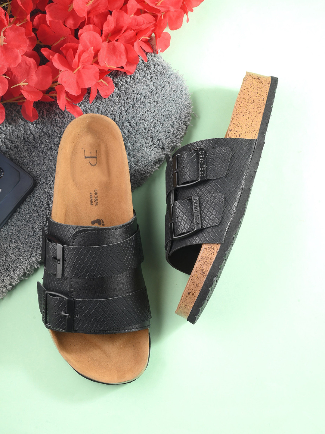 El Paso Textured Buckles Detail Open Toe Flats