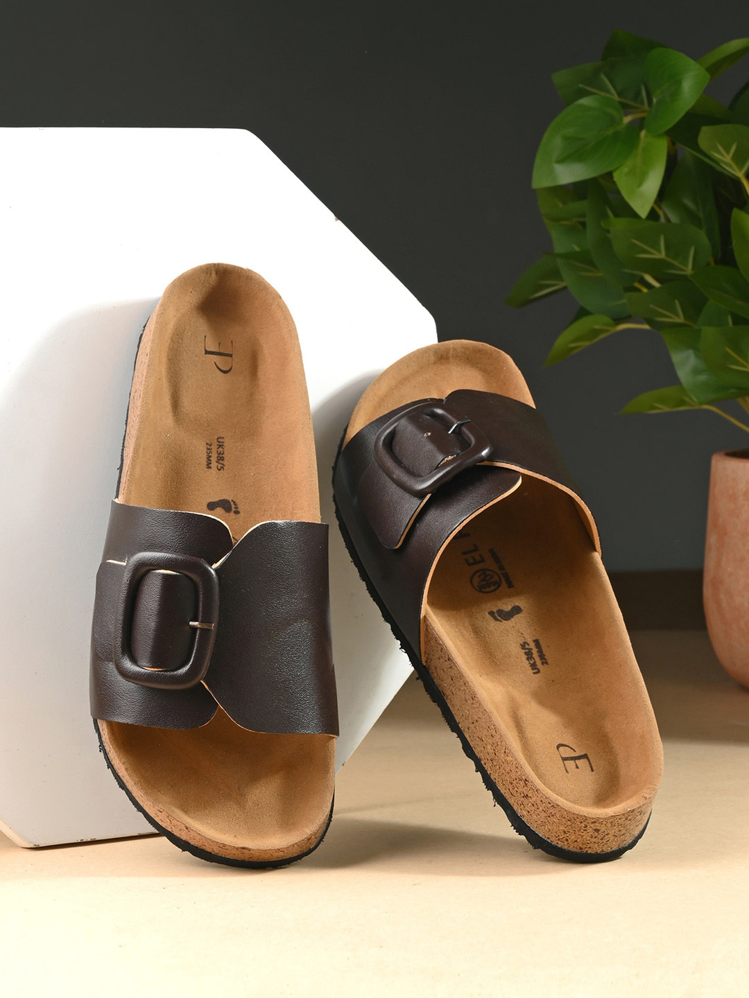 El Paso Textured Buckles Detail Open Toe Flats