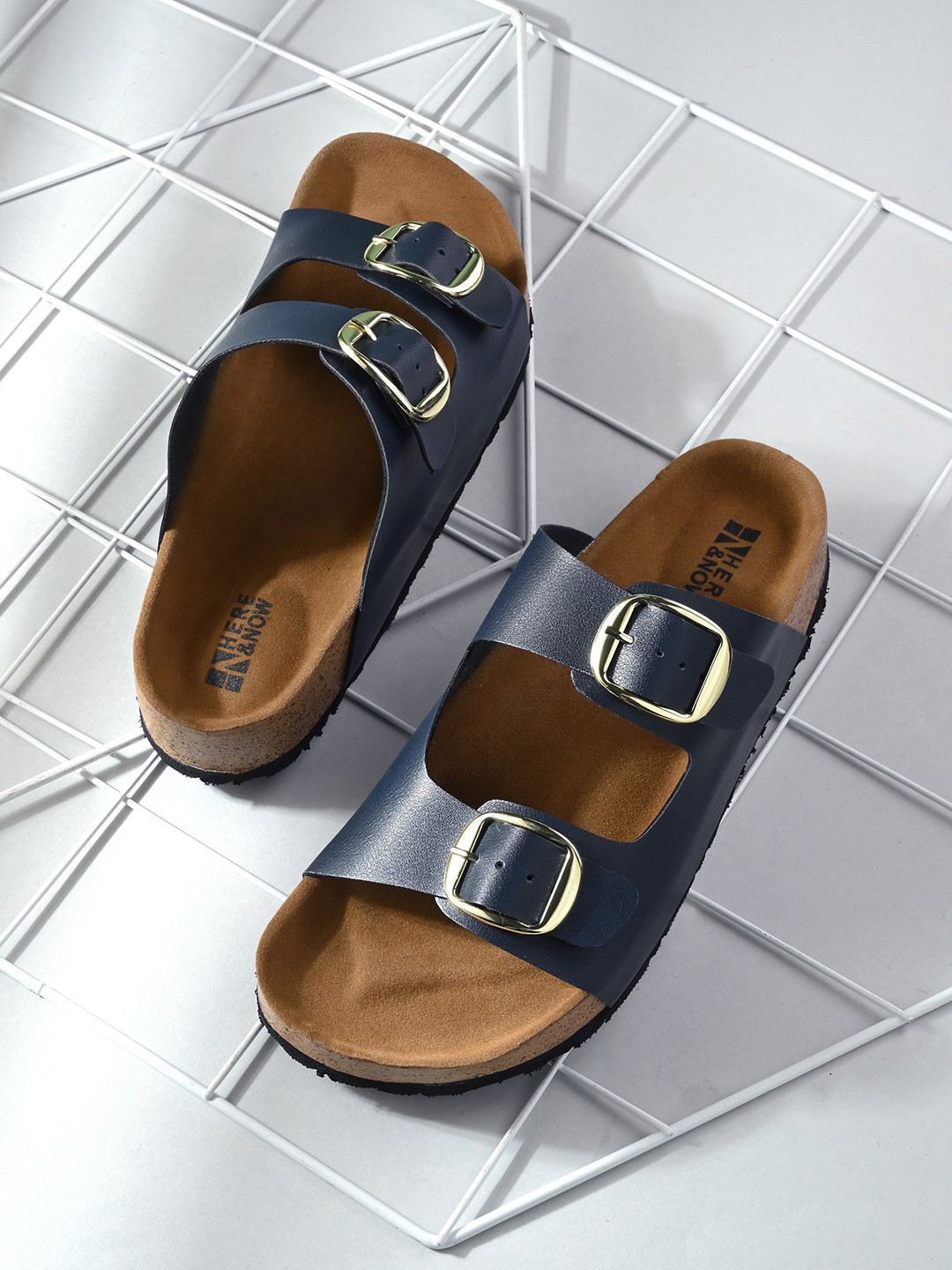 HERE&NOW Open Toe Flats with Buckles