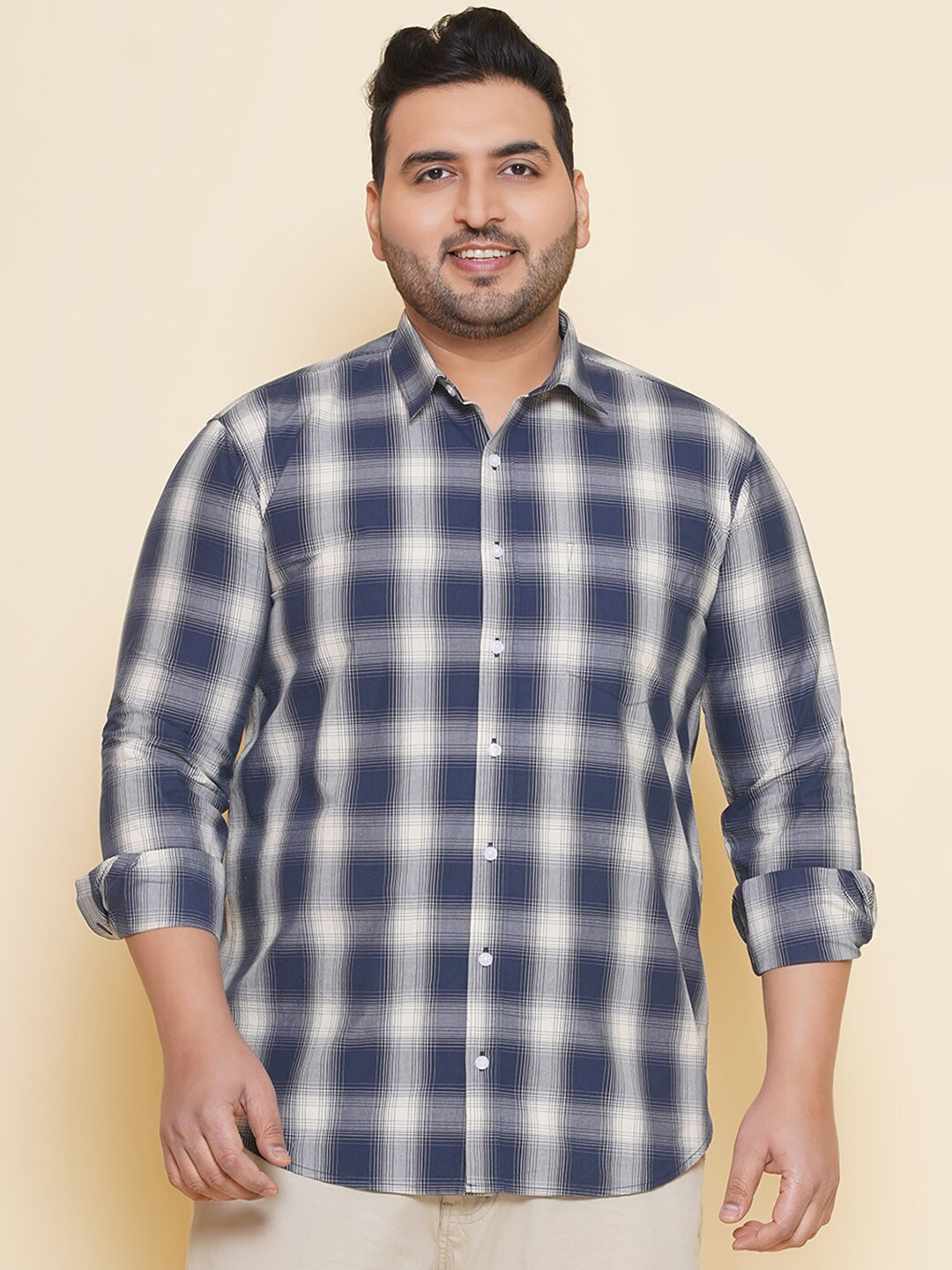John Pride Plus Size Blue Checked Shirt For Men