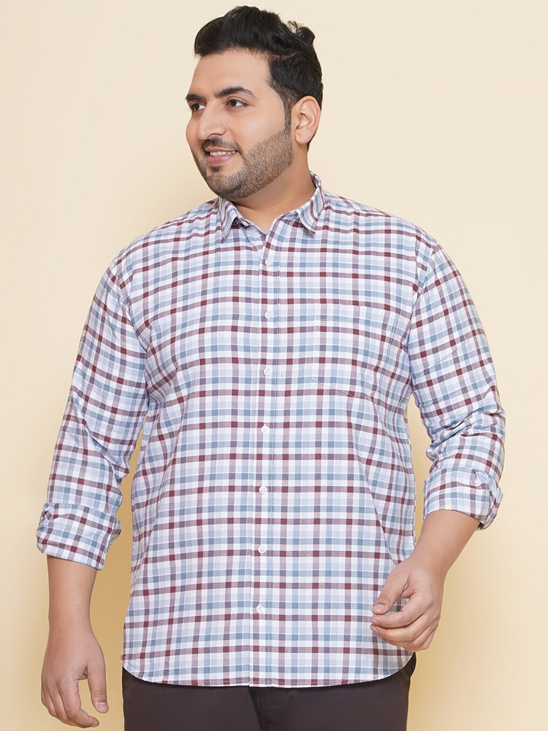 John Pride Plus Size Shepherd Checked Spread Collar Cotton Casual Shirt