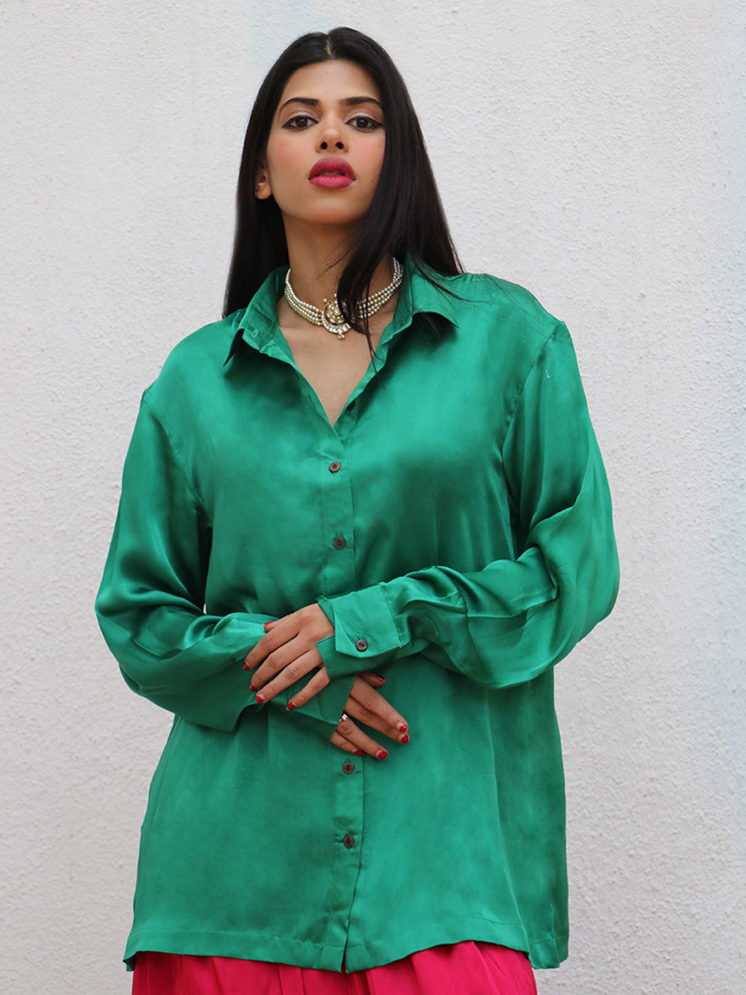 Chidiyaa Cuffed Sleeves Modal Silk Shirt Style Top