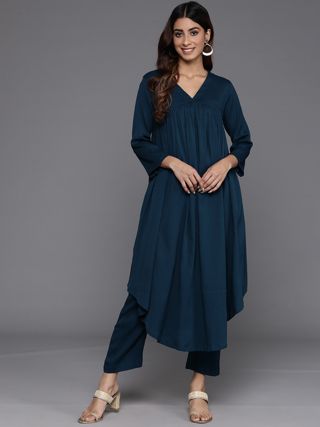 Varanga Teal Blue Alia Cute Gathered A-Line Flared Kurta with Trouser