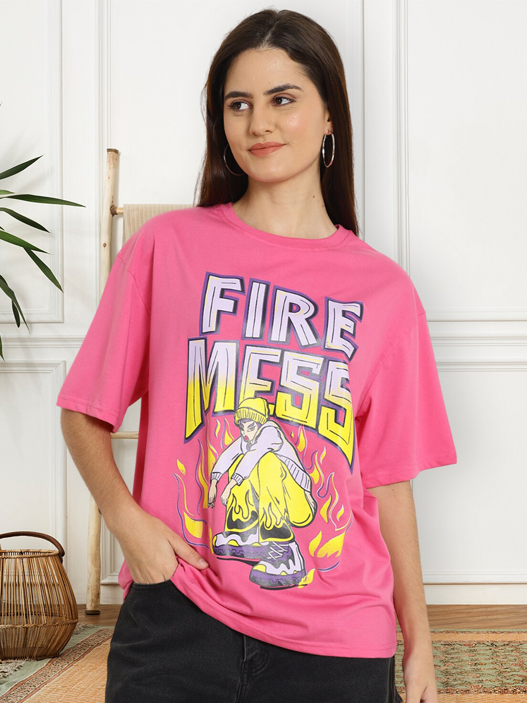 Fabflee Graphic Printed Round Neck Drop-Shoulder Sleeves Cotton Oversized T-shirt