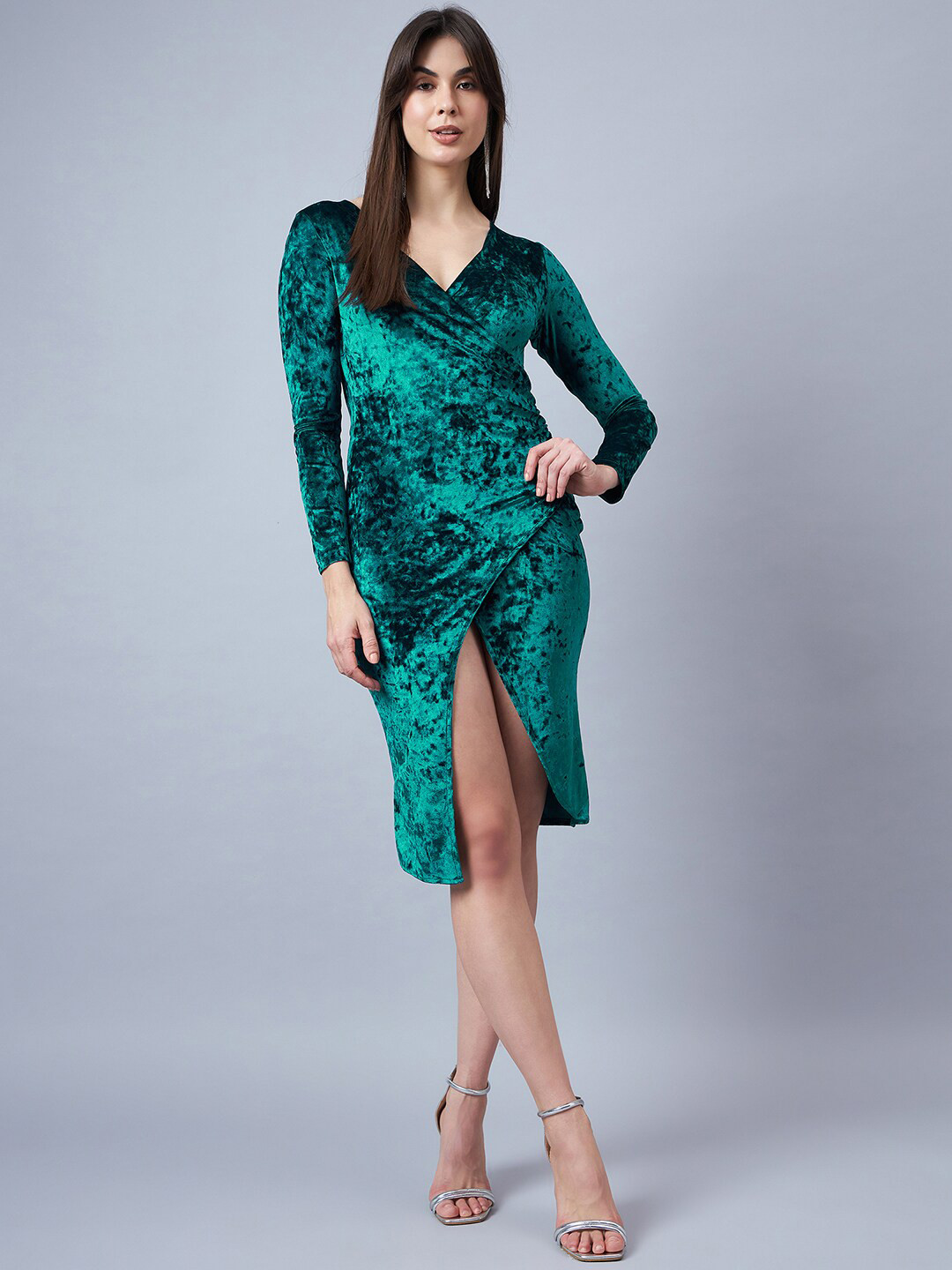 Orchid Blues V-Neck Long Sleeves Velvet Wrap Dress