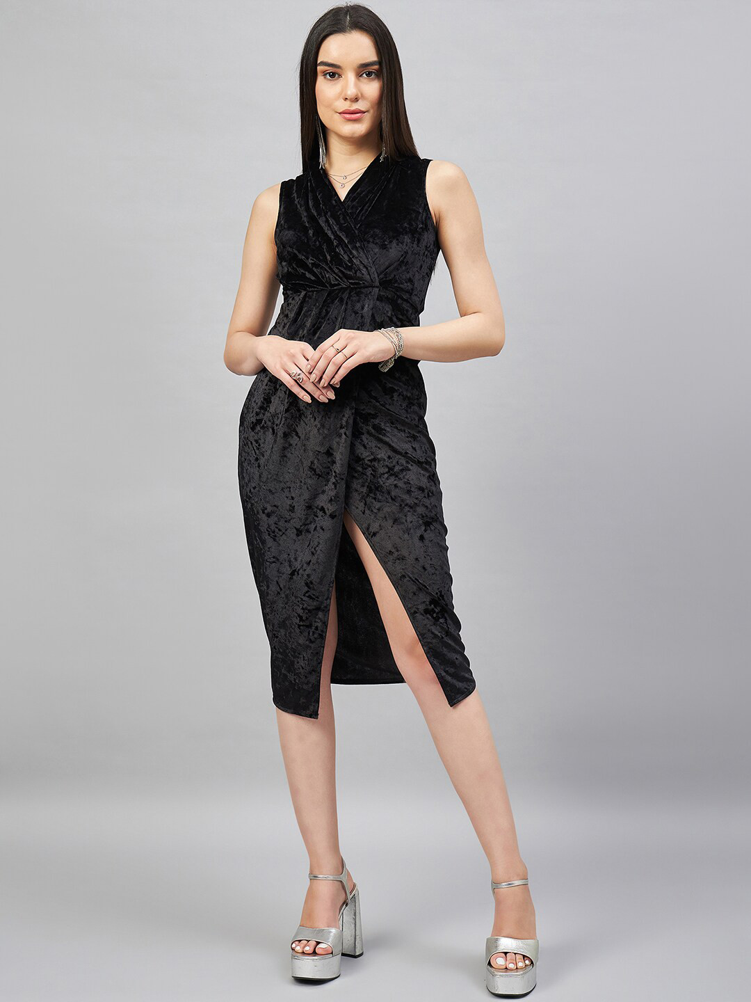 Orchid Blues V-Neck Sleeveless Velvet Wrap Dress