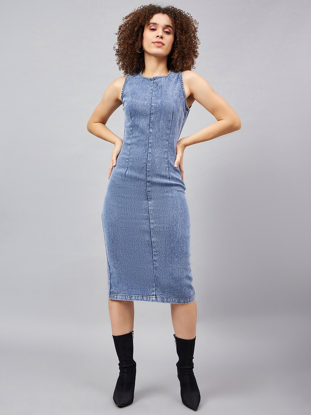 Orchid Blues Round Neck Sleeveless Cotton Denim Bodycon Midi Dress