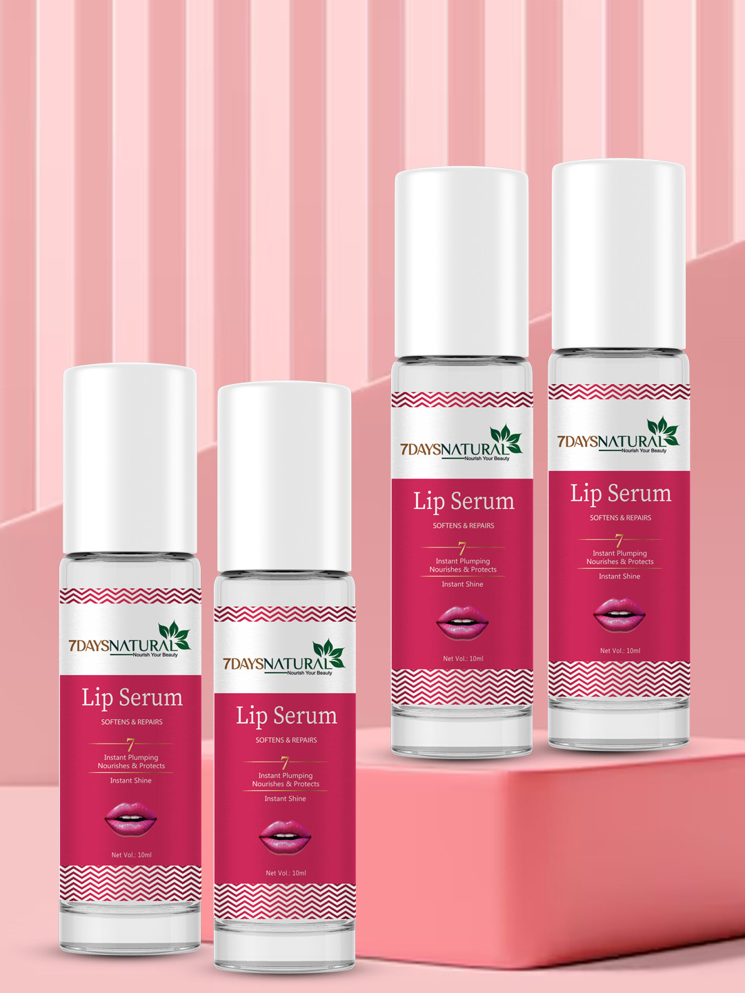 7DAYSNATURAL Set of 4 Instant Shine Lip Serum with Vitamin E & Argan Oil - 10 ml each