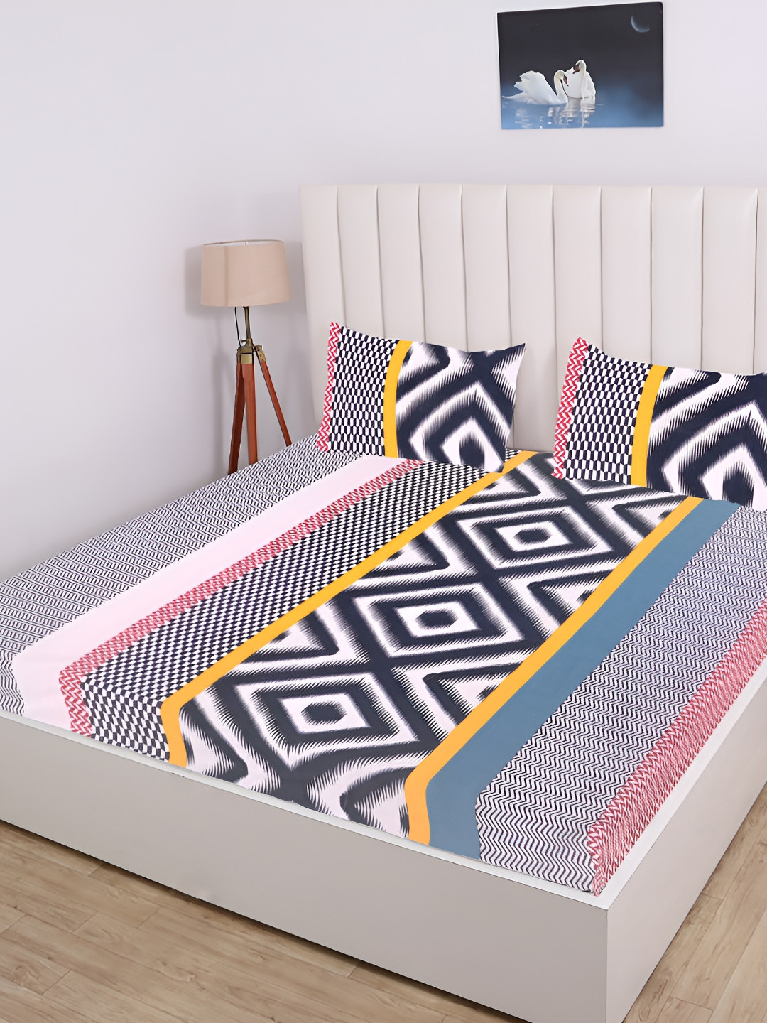 RD TREND Black Geometric Cotton 210 TC Fitted King Fine Bedsheet with 2 Pillow Covers-72 x 76 inches