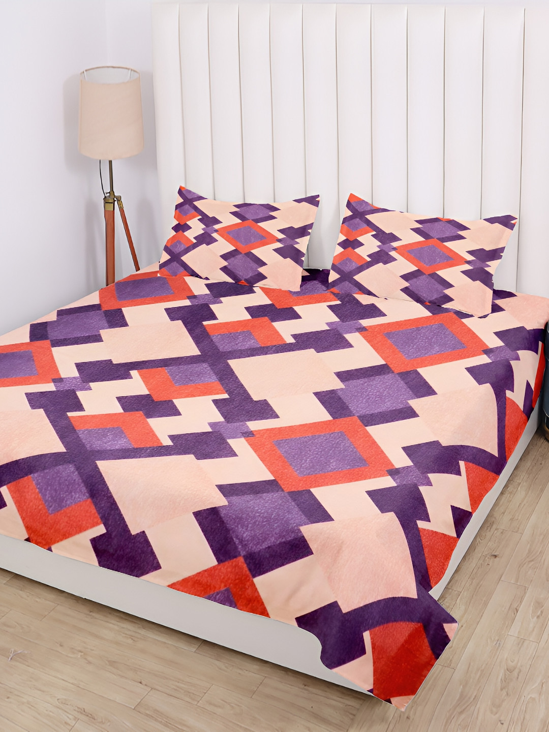 RD TREND Cream & Purple Geometric Cotton 210 TC King Bedsheet With 2 Pillow Covers