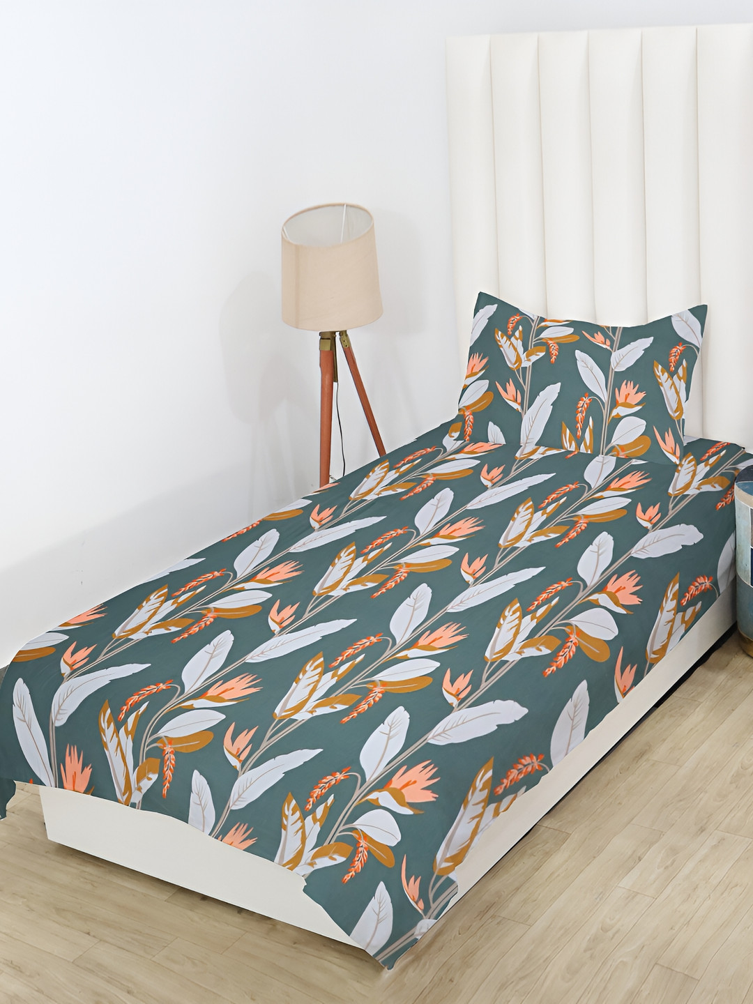 RD TREND Olive Leaf Cotton 210 TC Single Fine Bedsheet with a Pillow Cover-59 x 87 inches