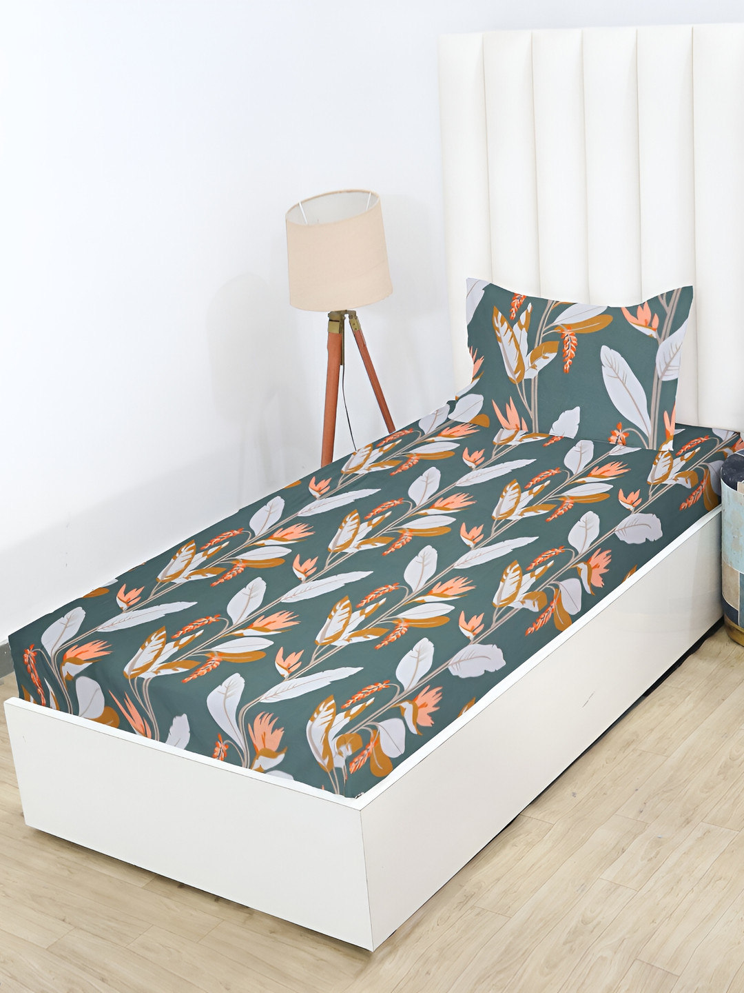 RD TREND Green Leaf Cotton 210 TC Fitted Single Fine Bedsheet with a Pillow Cover-78 x 60 inches