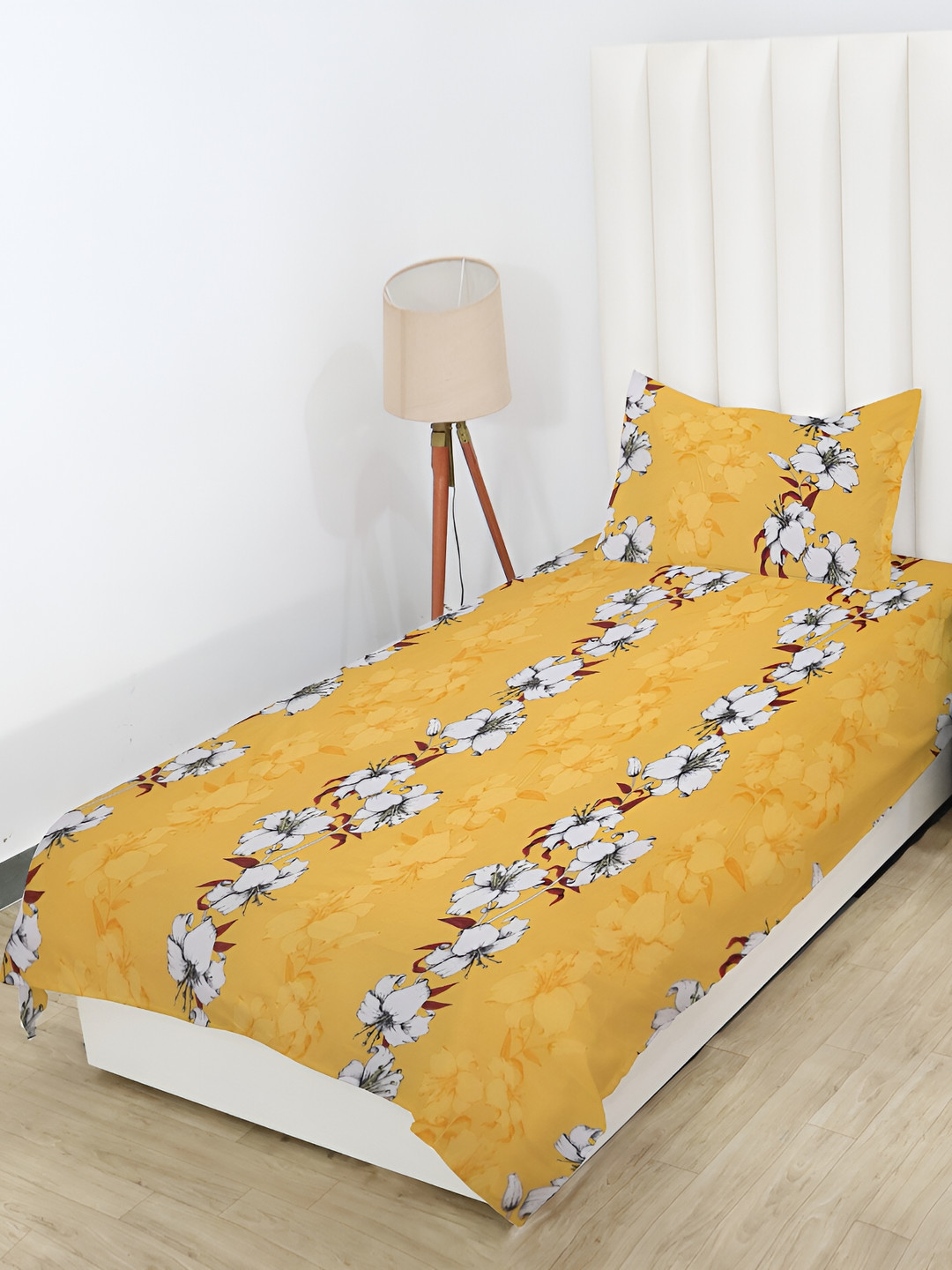 RD TREND Yellow Floral Cotton 210 TC Double Fine Bedsheet with a Pillow Cover-87 x 60 inches