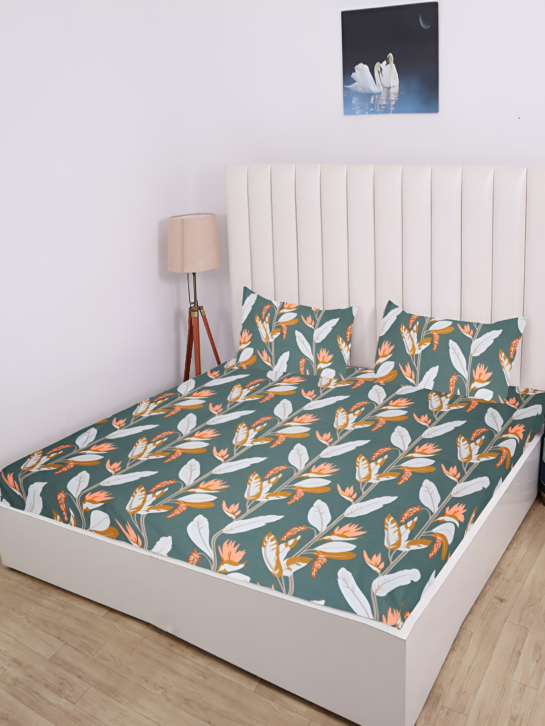 RD TREND Olive Leaf Cotton 210 TC Fitted King Fine Bedsheet with 2 Pillow Covers-182 x 1.72 x 80 inches