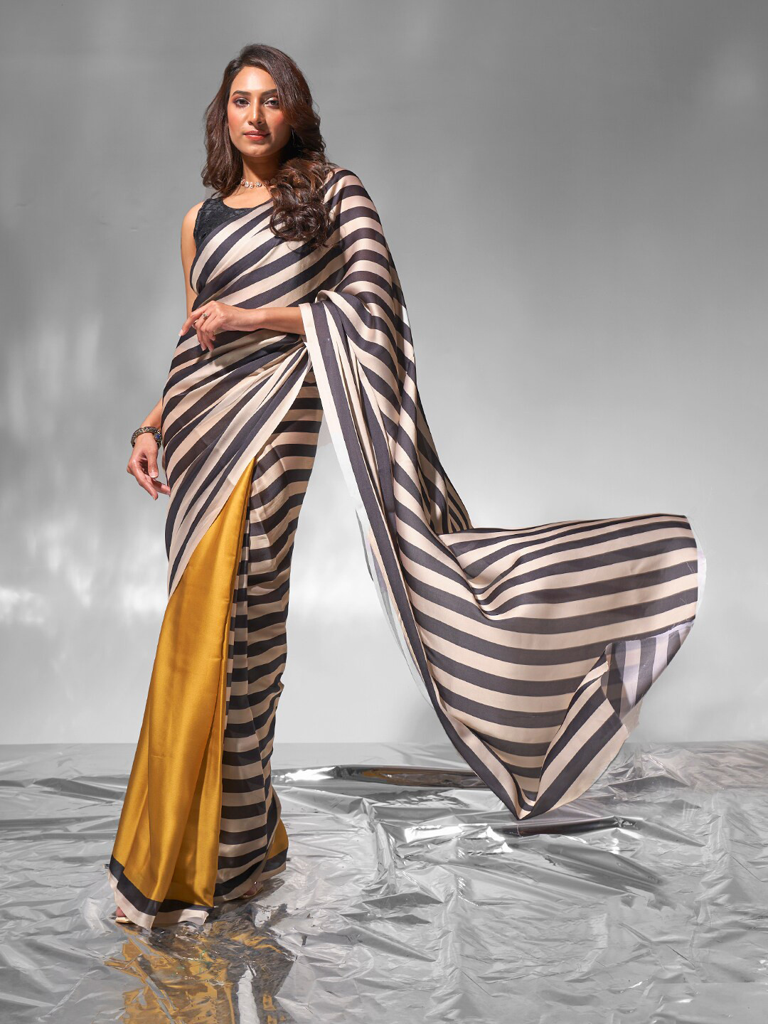 modeva Striped Satin Ready to Wear Saree