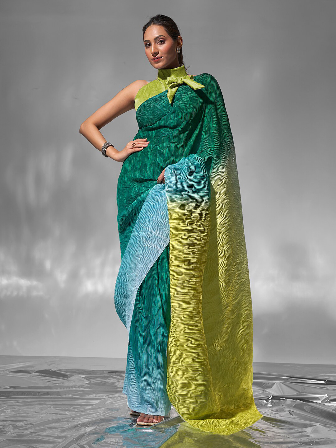 modeva Ombre Pleated Pure Satin Chiffon Saree