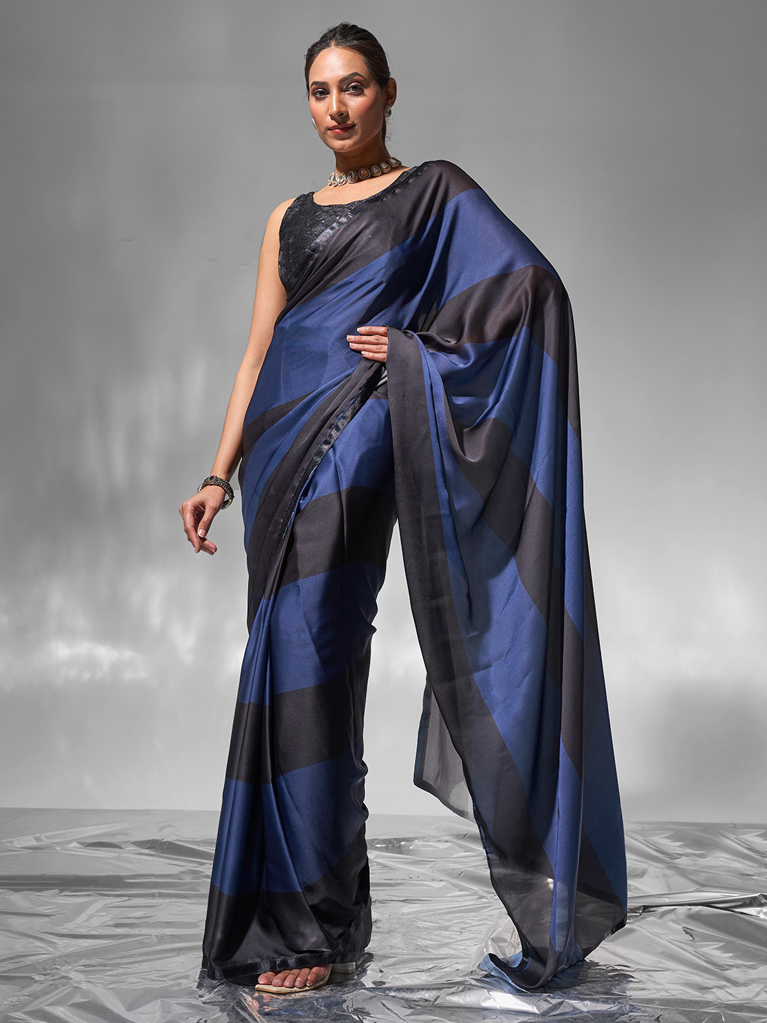 modeva Colourblocked Satin Ready to Wear Saree