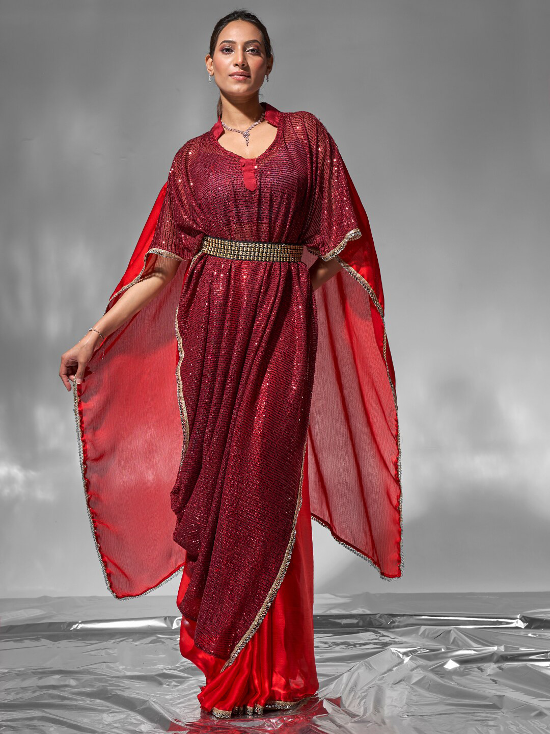 modeva Embellished Sequinned Pure Chiffon Kaftan Saree