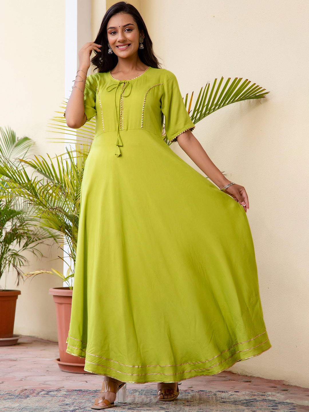 INDIANIC Tie-Up Neck Gotta Patti Fit & Flare Maxi Ethnic Dress