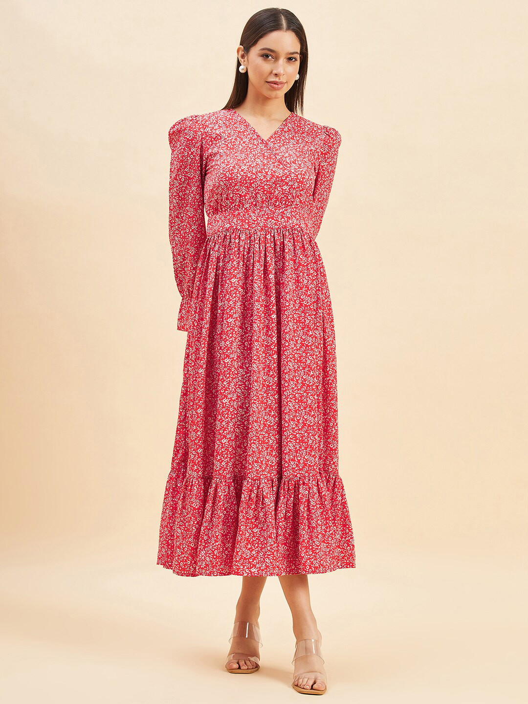 PANIT Red & White Floral Printed Bell Sleeves Gathered Tiered Fit & Flare Midi Dress