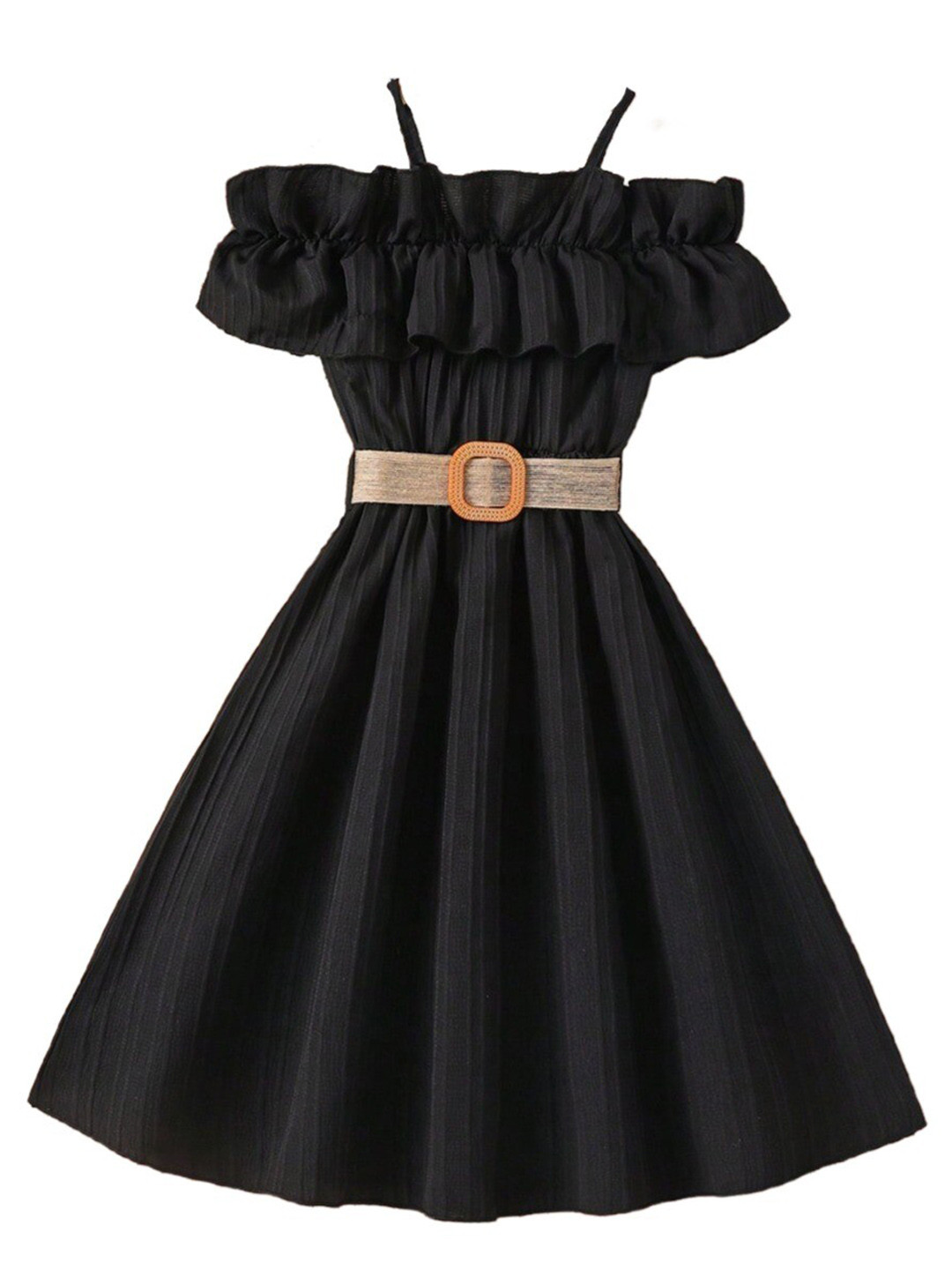 StyleCast Girls Black Cold Shoulder Sleeves Ruffled Fit & Flare Maxi Dress