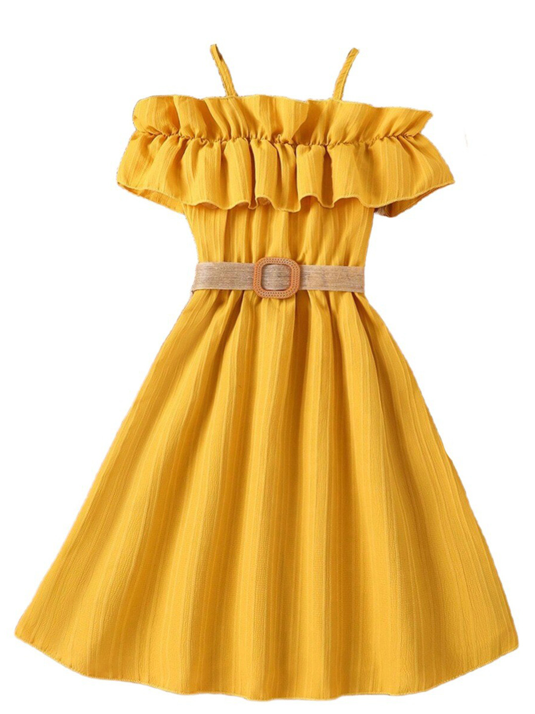 StyleCast Girls Yellow Shoulder Straps Ruffles A-Line Maxi Dress With Belt