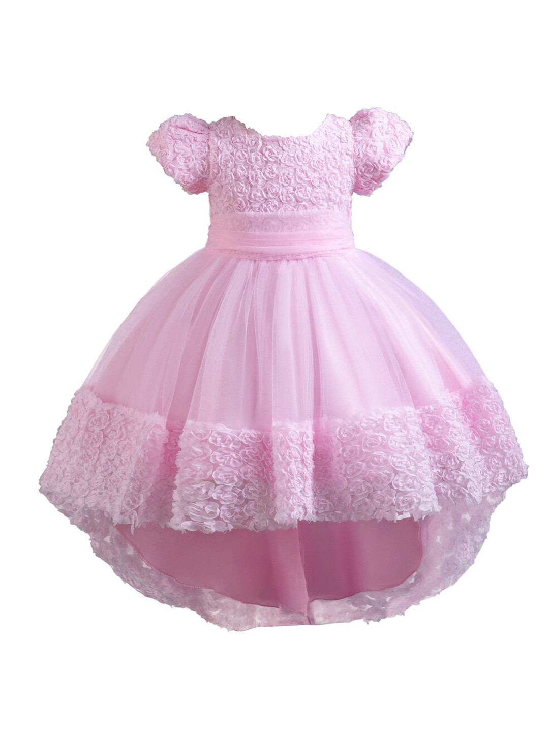 StyleCast Girls Pink Floral Self Design Puff Sleeves Fit & Flare High-Low Maxi Dress
