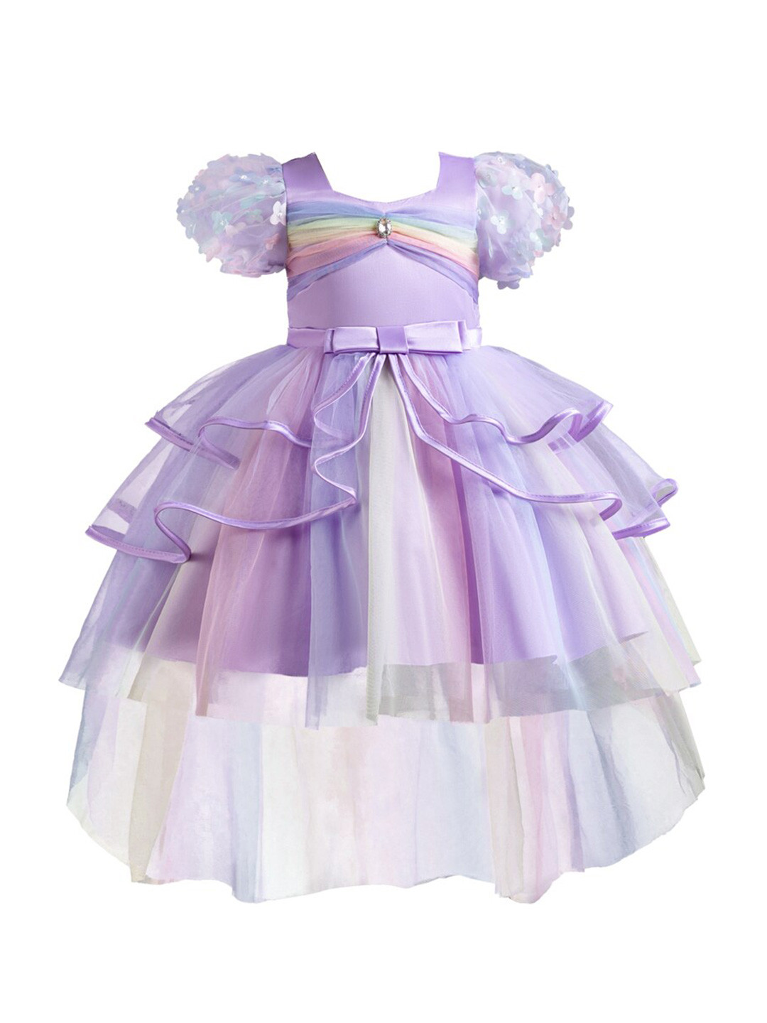 StyleCast Girls Purple Puffed Sleeves Layered Fit & Flare Dress