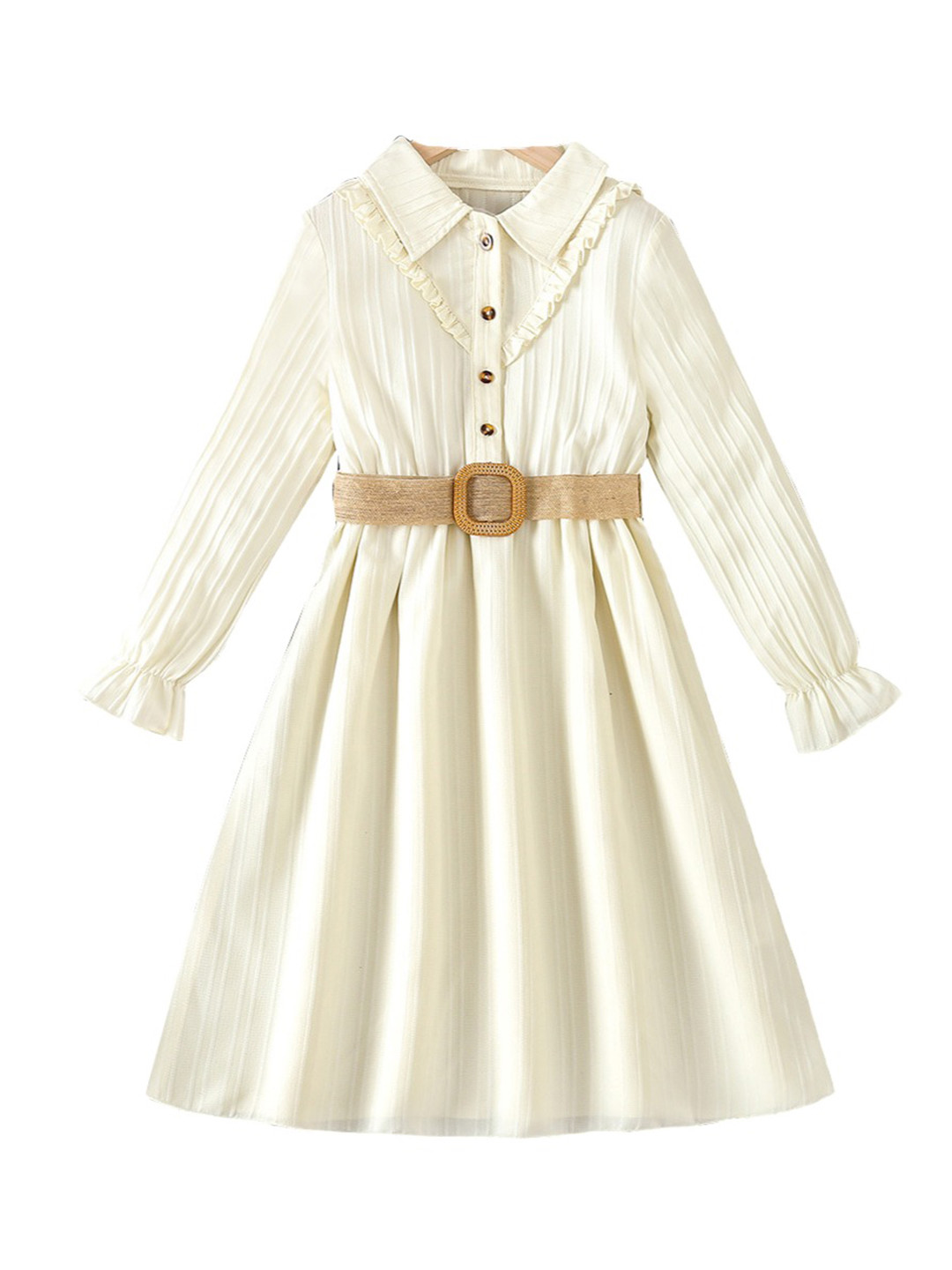 StyleCast Girls Off White Self Design Shirt Collar Bell Sleeves Fit & Flare Maxi Dress