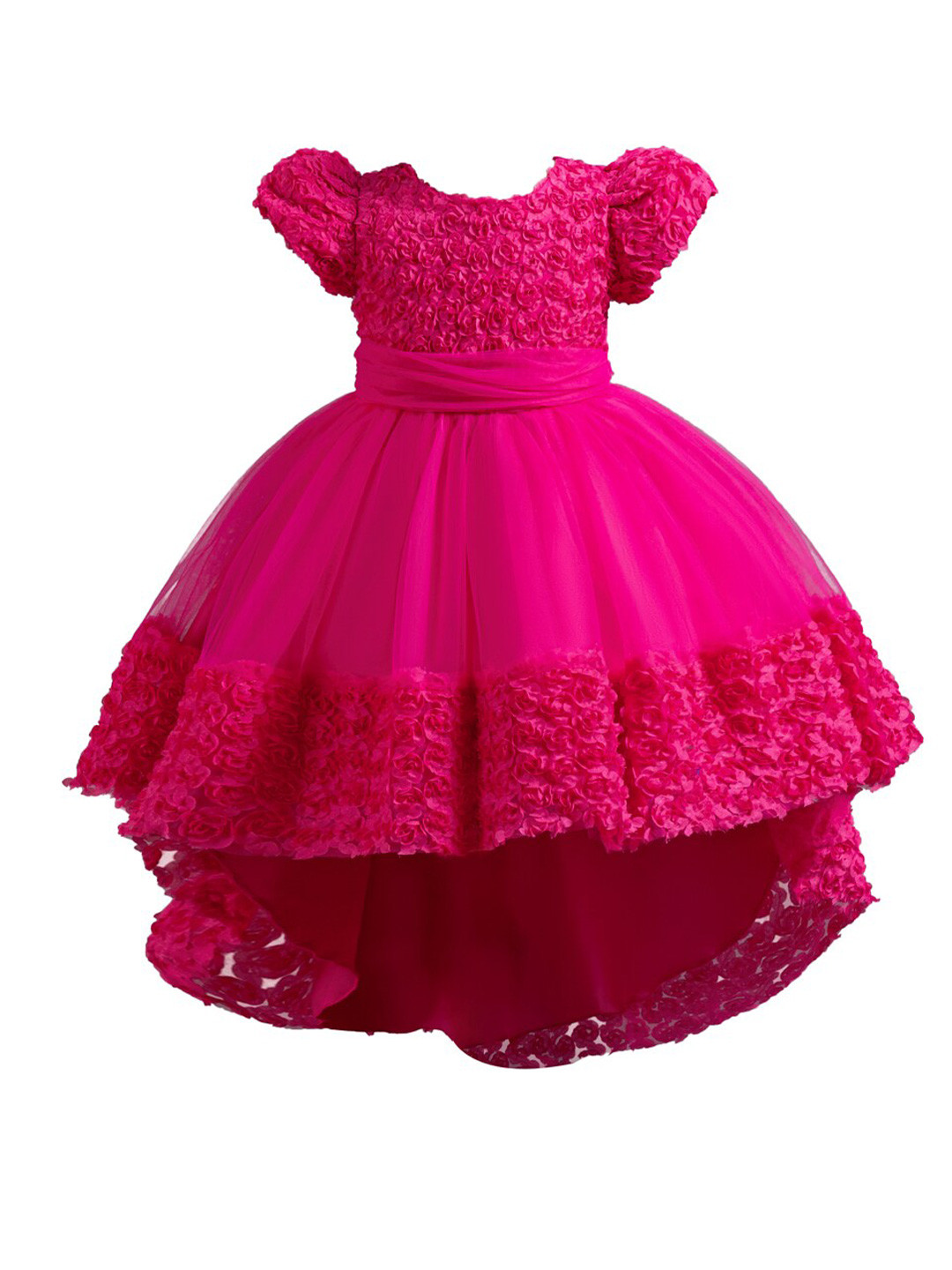 StyleCast Girls Fuchsia Floral Self Design Puffed Sleeves Fit & Flare Dress