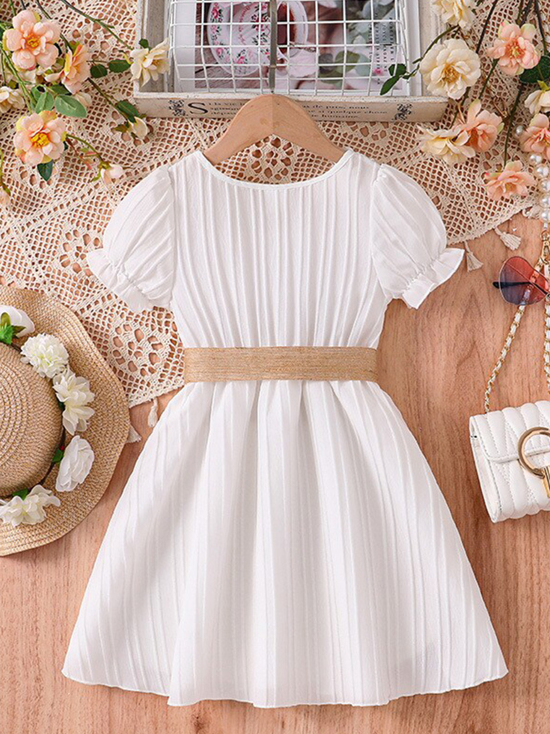 StyleCast Girls White Self Design Lace-Up Puffed Sleeves Fit & Flare Dress