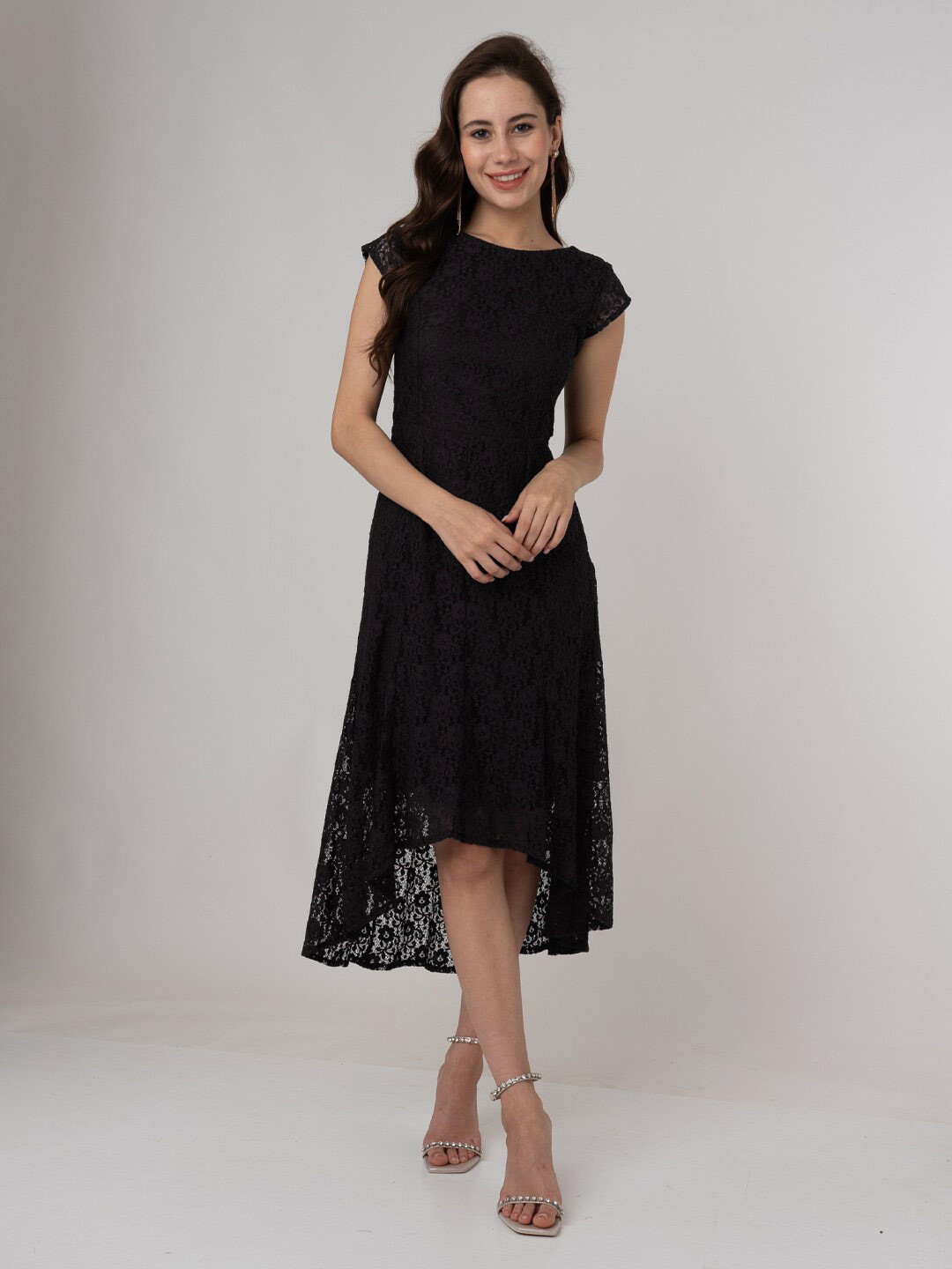 Zink London Black Floral Self Design Lace A-Line High-Low Dress