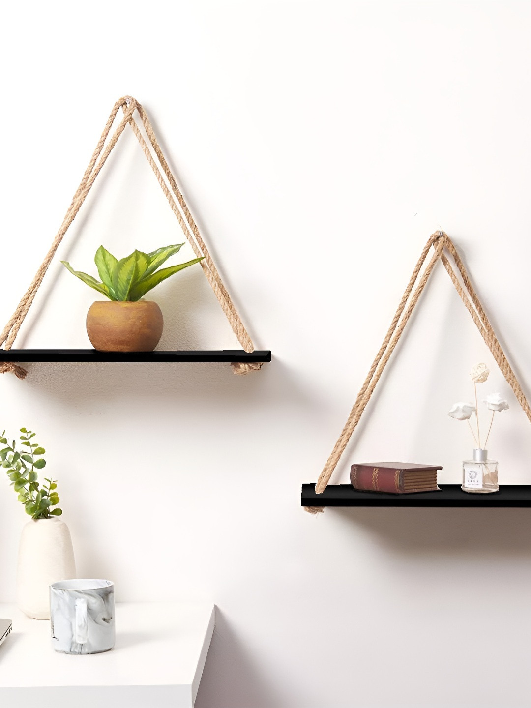 VAH Kya Bat Hai !! Black 2 Pieces Wooden & Pure Jute Rope Floating Wall Shelves