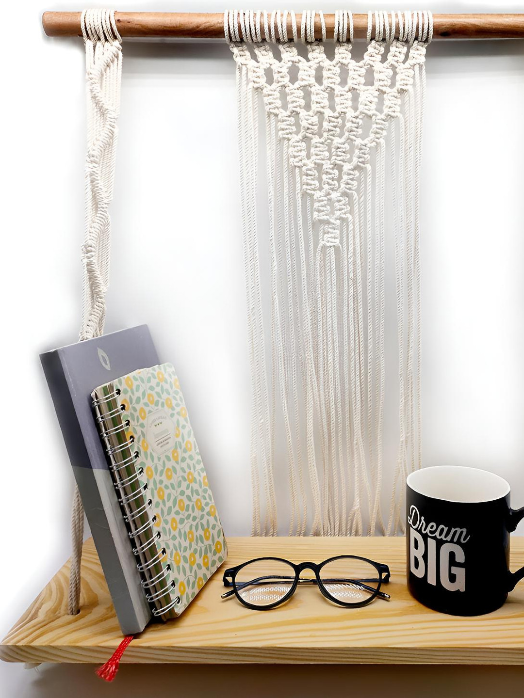 VAH Kya Bat Hai !! Brown & White Wood & Macrame Wall Hanging Shelve