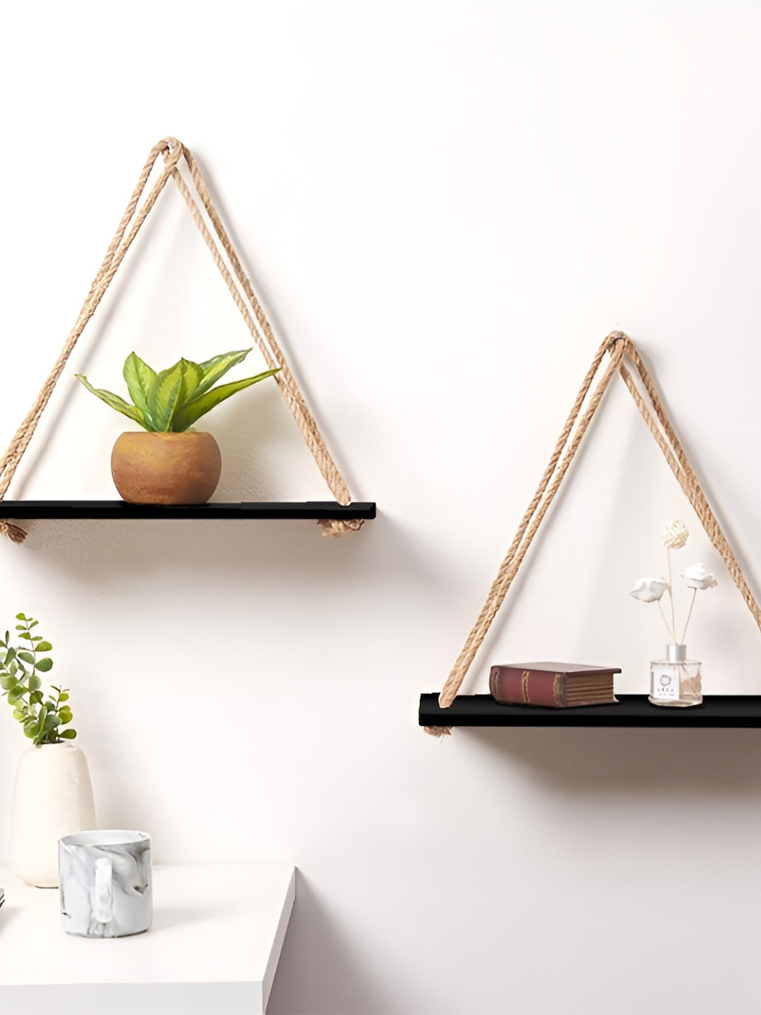 VAH Kya Bat Hai !! Black and Beige 3 Pieces Wooden Wall Rope Shelves