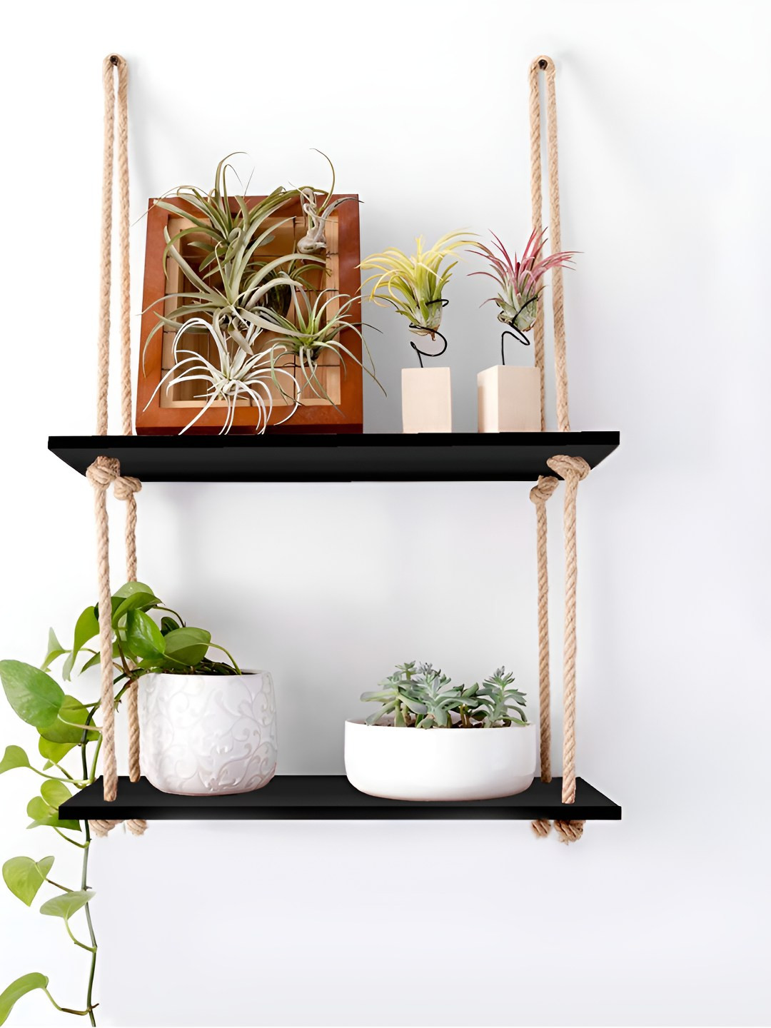 VAH Kya Bat Hai !! Brown Wood & Rope 2-Tier Floating Wall Shelves