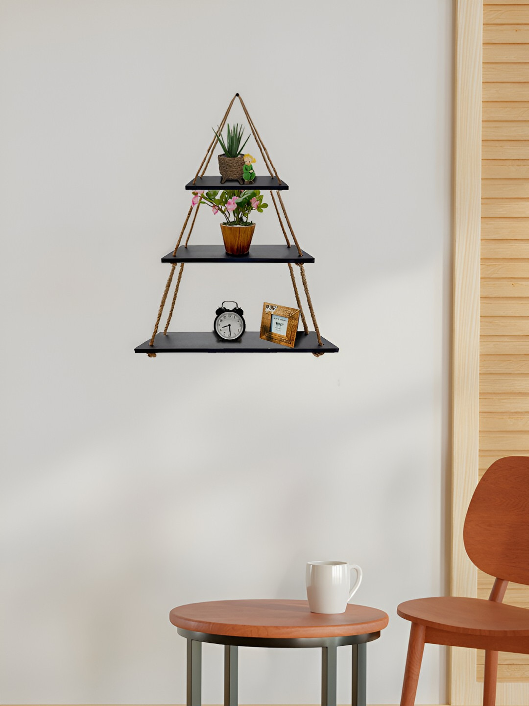 VAH Kya Bat Hai !! Black & Brown Wood & Rope 3Tier Floating Wall Shelve