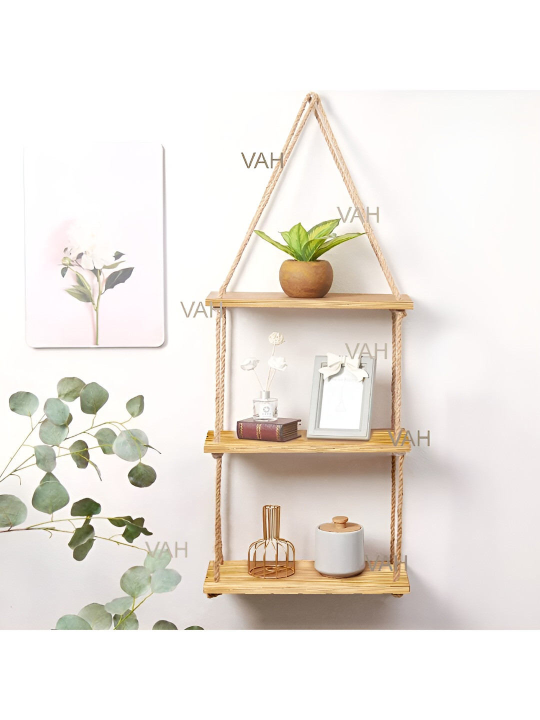 VAH Kya Bat Hai !! Beige Real Pine Wood & Rope 3-Tier Floating Wall Shelves
