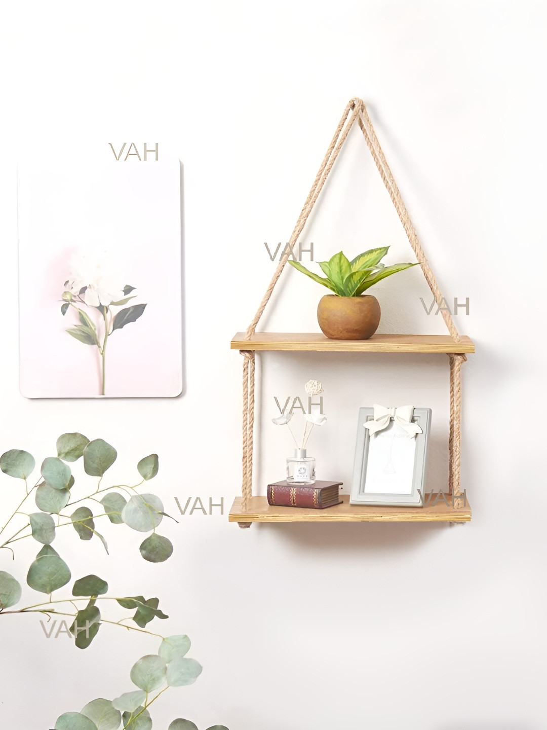 VAH Kya Bat Hai !! Beige Wood & Rope 2-Tier Floating Wall Shelves