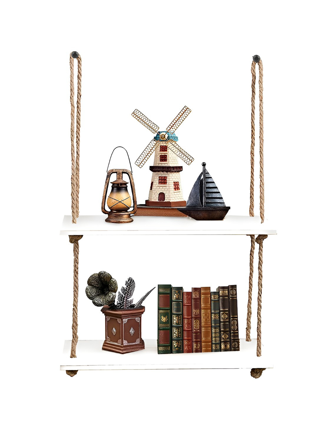 VAH Kya Bat Hai !! White & Brown Wood & Rope 2-Tier Floating Wall Shelves