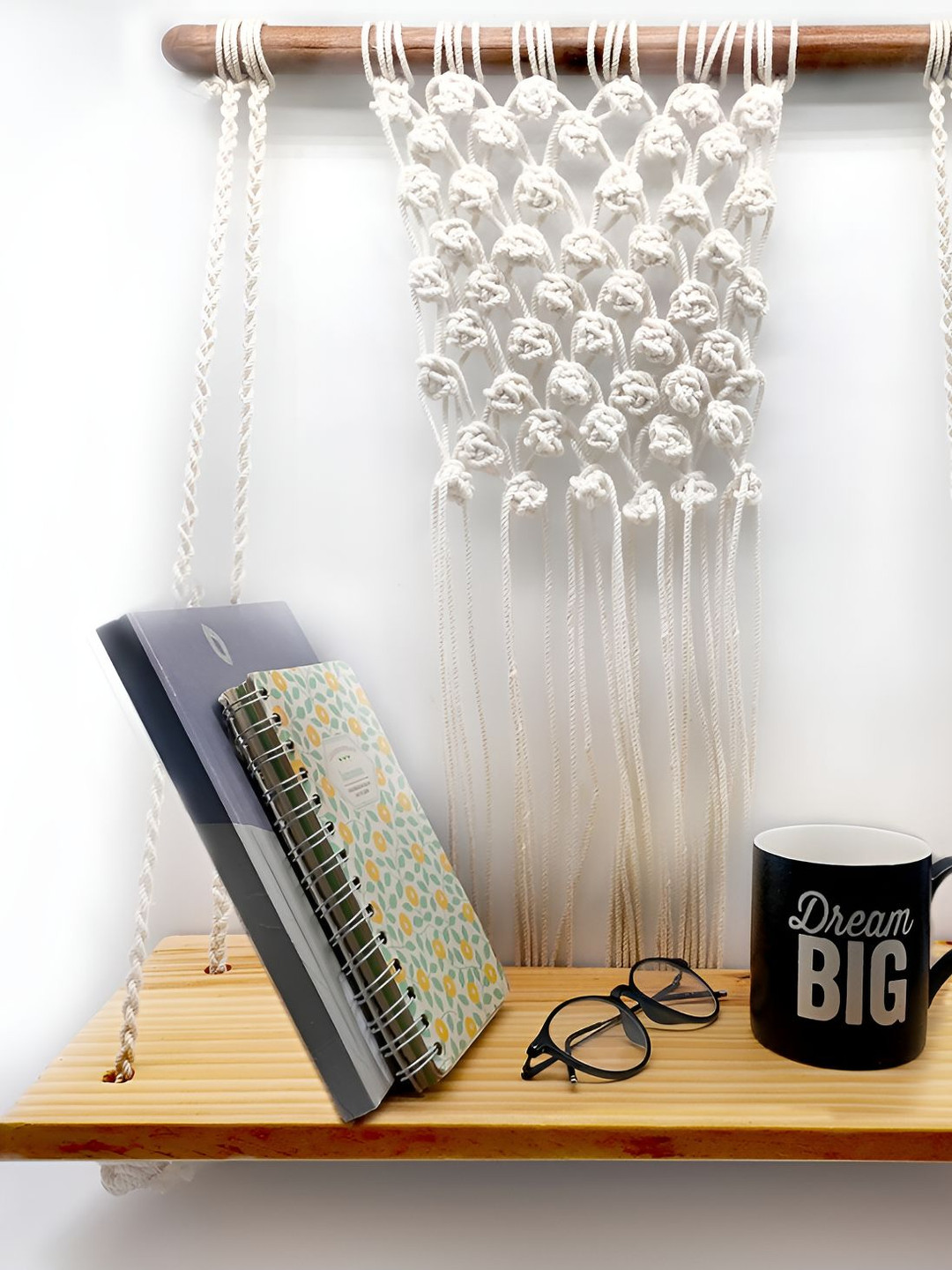 VAH Kya Bat Hai !! Cream & White Wooden Macrame Hanging Wall Shelves