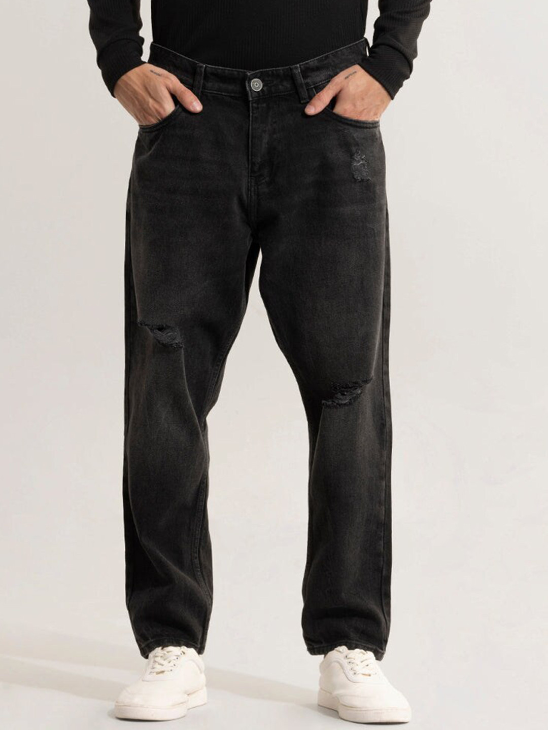 Snitch Men Slash Knee Baggy Pure Cotton Jeans