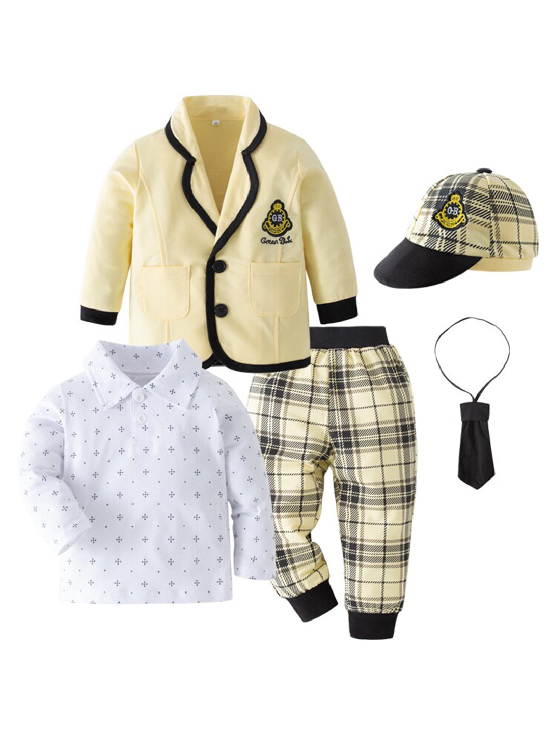 StyleCast Yellow Infant Boys Printed Shirt with Trousers & Blazer, Cap And Tie