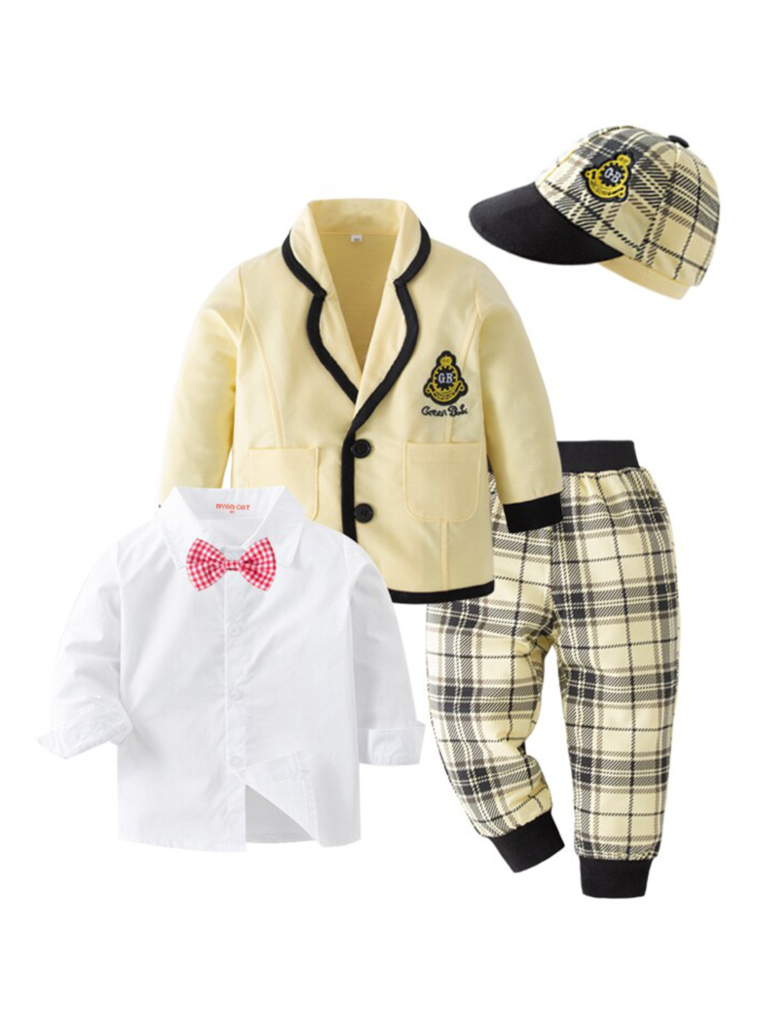 StyleCast Boys Yellow Shirt with Checked Trousers & Cap