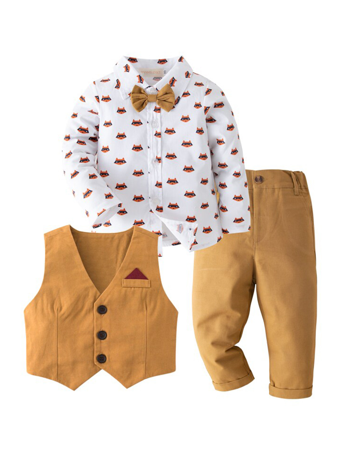 StyleCast White Boys Printed Shirt with Trousers & Wwaistcoat