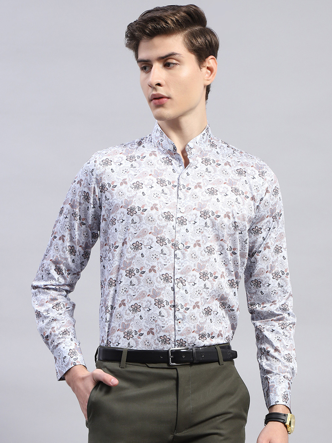 Monte Carlo Classic Floral Printed Band Collar Pure Cotton Casual Shirt