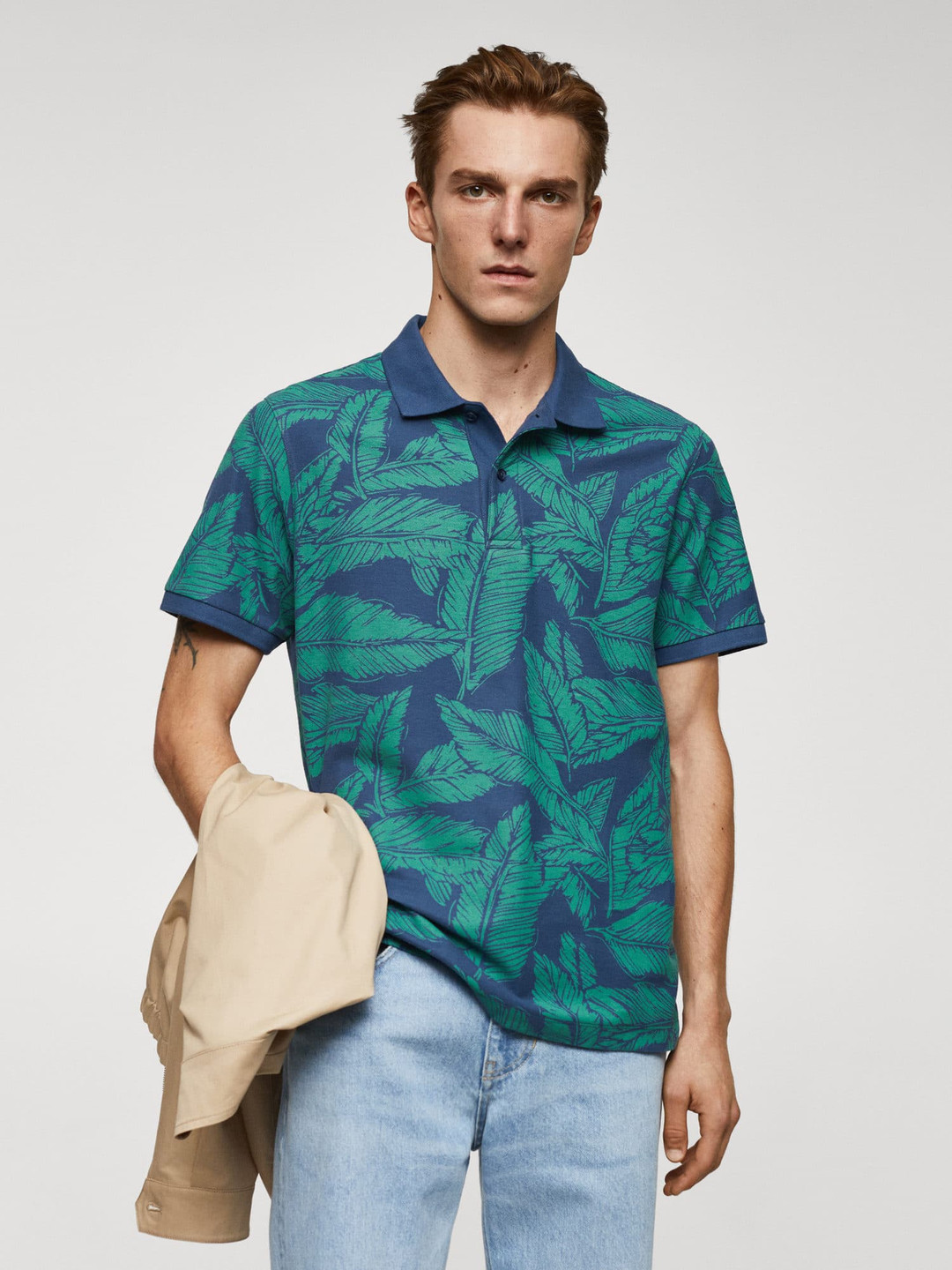 MANGO MAN Tropical Print Pure Cotton  Polo Collar T-shirt